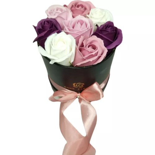 Aranjament Floral Trandafiri Sapun - Cutie Rotund Roz, Alb, Visiniu, Roz Inchis 9 Trandafiri - VLTN129