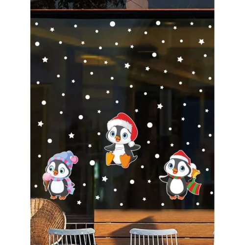 Sticker Perete Autocolant Trei Pinguini in Costum de Craciun si Stelute 111x67cm model pentru geam