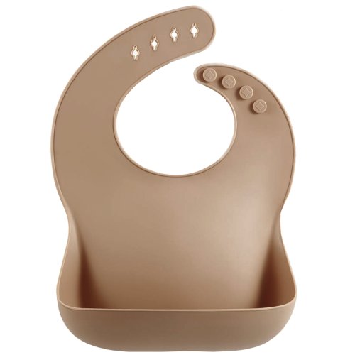 Bavetica flexibila din silicon pentru bebelusi, Quasar & Co.®, din cauciuc moale, cu buzunar colector larg, inchidere ajustabila, maro