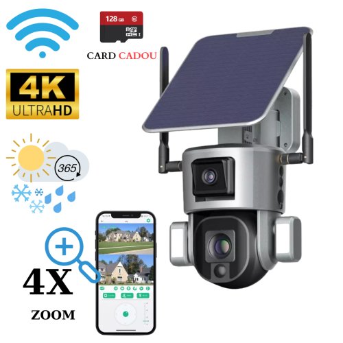 Wistino - Camera video supraveghere wireless 4k ultra hd, dual camera 4mp+4mp, 4x optical zoom, incarcare solara, rotire din aplicatie, rezistenta la apa ip 66