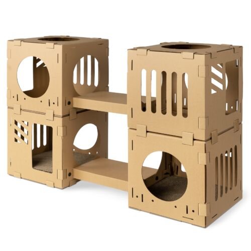 Casa modulara pentru pisici din carton Navaris cu 4 cuburi si 2 punti, 53109.02