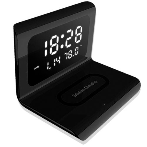 Ceas digital cu statie de incarcare wireless, Quasar & Co.®, cu data, alarma si temperatura, 17 x 12 x 12,5 cm, negru