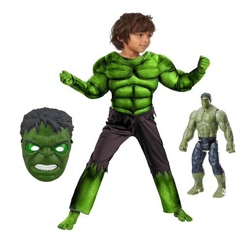Costum Hulk clasic cu muschi si figurina 20 cm, pentru baieti 130-140 cm 7-9 ani