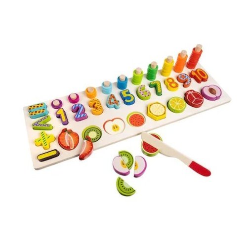 Joc educativ sortator din lemn cu numere si fructe de taiat magnetice pentru copii Multicolore