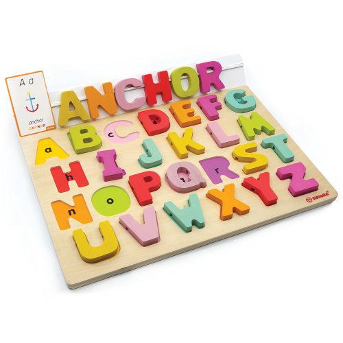 Puzzle Alfabet Litere Mari Din Lemn Plus 50 Flash Carduri 