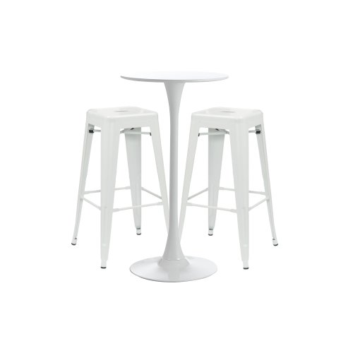 Raki - Set bar, cafenea, masa alba 60x101cm si doua scaune metalice albe 43x43x76cm
