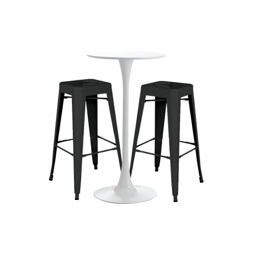 Raki - Set bar, cafenea, masa alba 60x101cm si doua scaune metalice negre 43x43x76cm