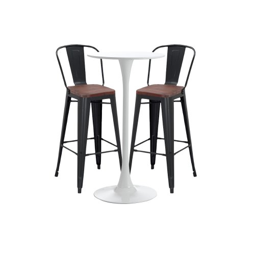 Raki - Set bar, cafenea, masa alba 60x101cm si doua scaune metalice negre cu spatar sezut lemn 46x43x107cm