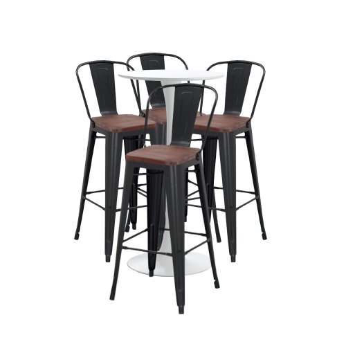 Set bar, cafenea, masa alba 60x101cm si patru scaune metalice negre cu spatar sezut lemn 46x43x107cm
