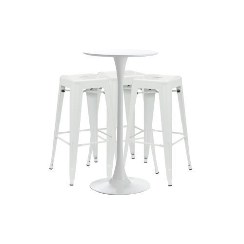 Set bar, cafenea, masa alba 60x101cm si trei scaune metalice albe 43x43x76cm