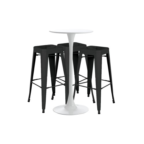 Set bar, cafenea, masa alba 60x101cm si trei scaune metalice negre 43x43x76cm