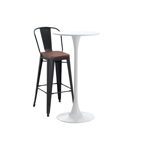 Raki - Set bar, cafenea, masa alba 60x101cm si un scaun metalic negru cu spatar si sezut lemn 46x43x107cm