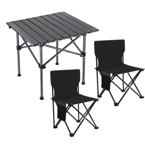 Oem - Set camping cu masa si 2 scaune pliabile, cu geanta de transport, aluminiu, negru, 53x51x50 cm
