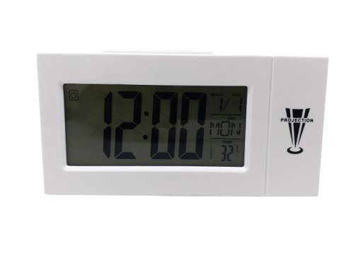 Set - ceas cu proiectie, cu alarma si termometru digital ds-618, functii snooze si voice control, alb + suport universal de birou pentru tablete sau telefoane
