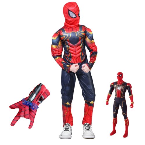 Set costum Iron Spiderman cu manusa lansator si figurina pentru baieti 130-140 cm 7-9 ani