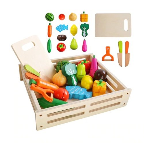 Set de jucarii bucatarie pentru copii,XXL, Fructe si legume de taiat, Cu magnet, Lemn, Multicolor