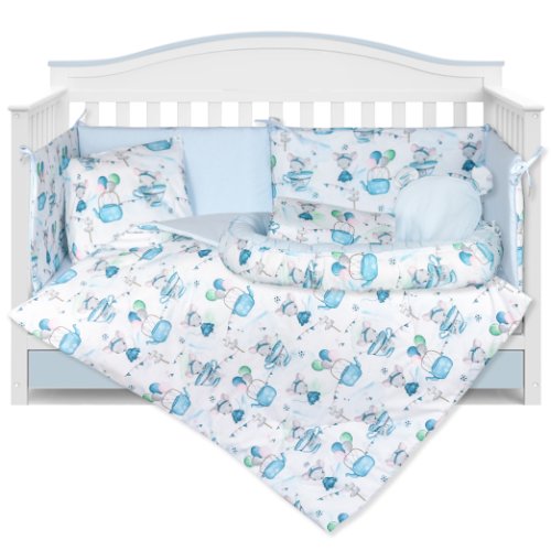 Pufinas - Set lenjerie cu baby nest 9 piese 60/120 cm, bumbac 100%, blue mouse - blue sky