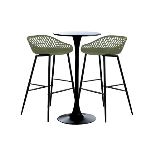 Raki - Set masa si scaune de bar, 3 piese, masa neagra 60x101cm cu 2 scaune toyama verde negru 48x47x95cm