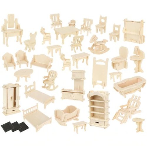 Set mobilier din lemn pentru casuta papusilor, 34 obiecte de mobilier, 175 obiecte, QBT