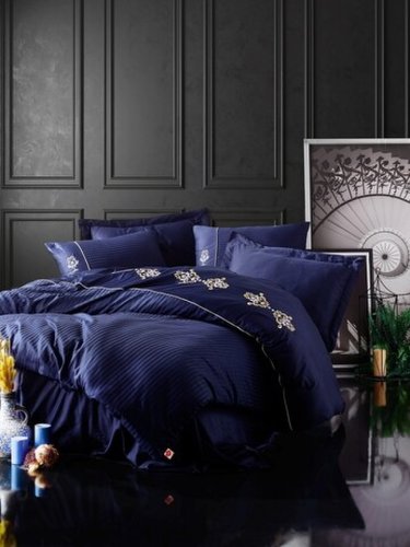 Lenjerie de pat de lux dubla King - Dark Blue, Cotton Box, 6 piese, 240x260 cm, bumbac satinat, bleumarin