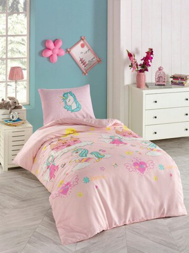 Lenjerie de pat pentru o persoana 2 piese, unicorn dreams - pink, Eponj Home, 65% bumbac/35% poliester