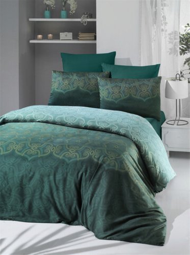 Lenjerie de pat pentru o persoana Single XL (DE), Pandora - Green, Victoria, Bumbac Satinat