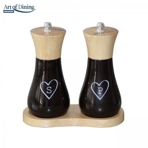 Set rasnite pentru sare/piper + suport Heart, Heinner, 15 cm, lemn/ceramica, negru/alb/natur