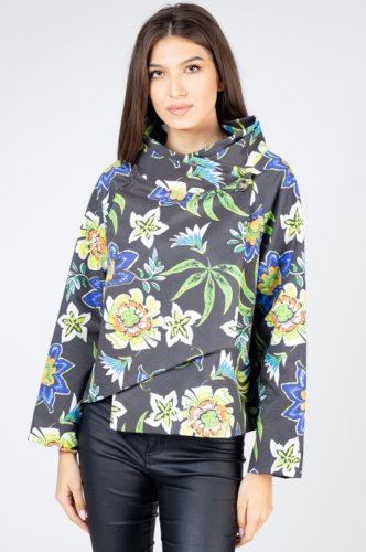 Jacheta scurta neagra, petrecuta in fata, cu imprimeu floral multicolor
