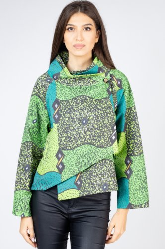 Jacheta scurta verde, petrecuta in fata, cu imprimeu abstract