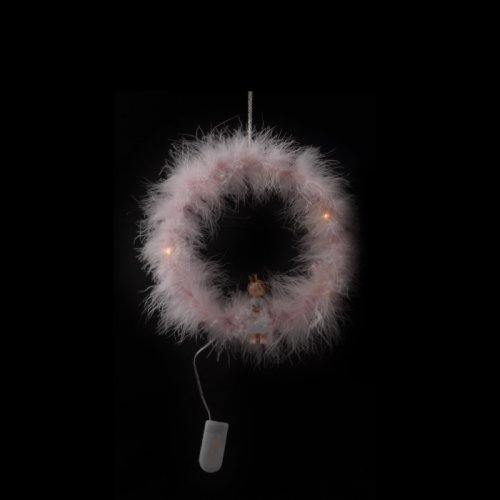 Coronita Craciun cu puf si lumini led, roz, 19x19 cm