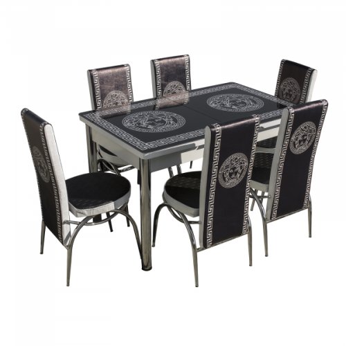 Uzunefe - Set lara, masa extensibila cu 6 scaune print, negru, 130 165x80x79 cm