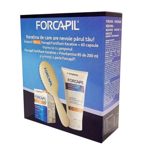 KIT Forcapil keratine+, 60 capsule, Forcapil sampon, 200 ml, perie Forcapil