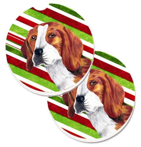 Caroline`s Treasures Beagle Candy Cane de vacanță de Crăciun Set de 2 Cupa Titular Car Coasters Dungi roșii verzi Large