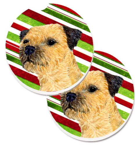 Caroline`s Treasures Border Terrier Candy Cane de vacanță de Crăciun Set de 2 Cupa Titular Car Coasters Dungi roșii verzi Large