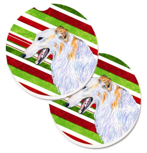 Caroline`s Treasures Borzoi Bomboane trestie de zahăr de vacanță de Crăciun Set de 2 Cupa Titular Car Coasters Dungi roșii verzi Large
