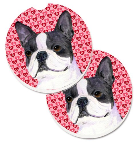 Caroline`s Treasures Boston Terrier Hearts Love Valentine`s Day Set de 2 Cupa Titular Car Coasters Inimi roșii Large