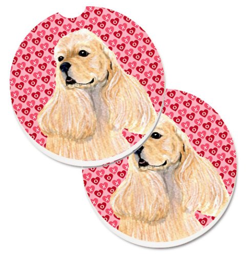 Caroline`s Treasures Buff Cocker Spaniel Hearts Love Valentine`s Day Set de 2 Cupa Titular Car Coasters Inimi roșii Large