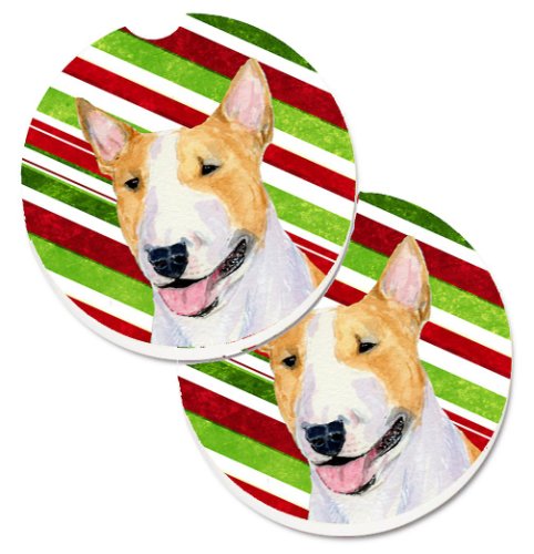 Caroline`s Treasures Bull Terrier Candy Cane de vacanță de Crăciun Set de 2 Cupa Titular Car Coasters Dungi roșii verzi Large