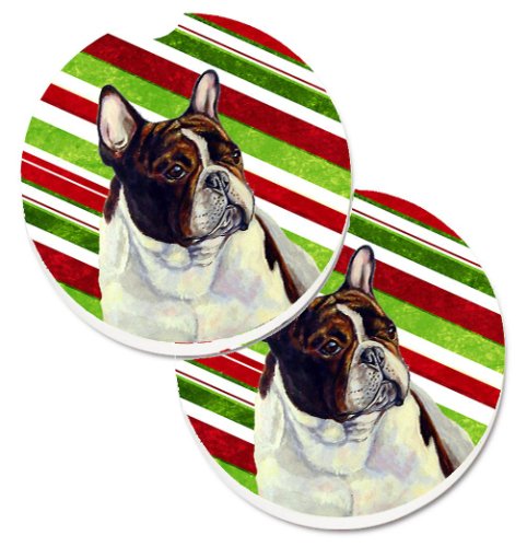 Caroline`s Treasures Franceză Bulldog Candy Cane de vacanță de Crăciun Set de 2 Cupa Titular Car Coasters Dungi roșii verzi Large