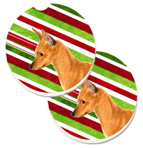 Caroline`s Treasures Min Pin Candy Cane de vacanță de Crăciun Set de 2 Cupa Titular Car Coasters Dungi roșii verzi Large