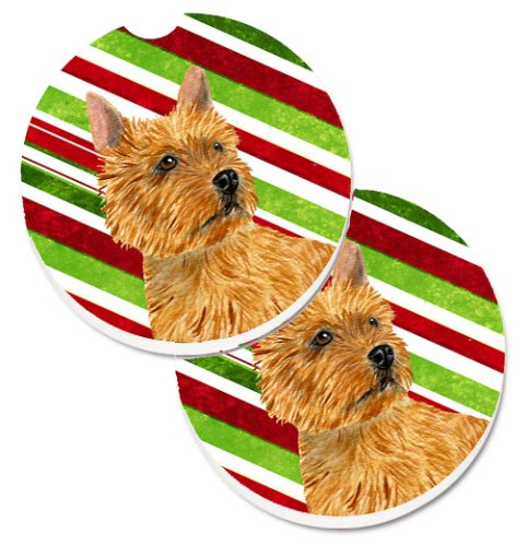Caroline`s Treasures Norwich Terrier Bomboane Trestie de zahăr de vacanță de Crăciun Set de 2 Cupa Titular Car Coasters Dungi roșii verzi Large