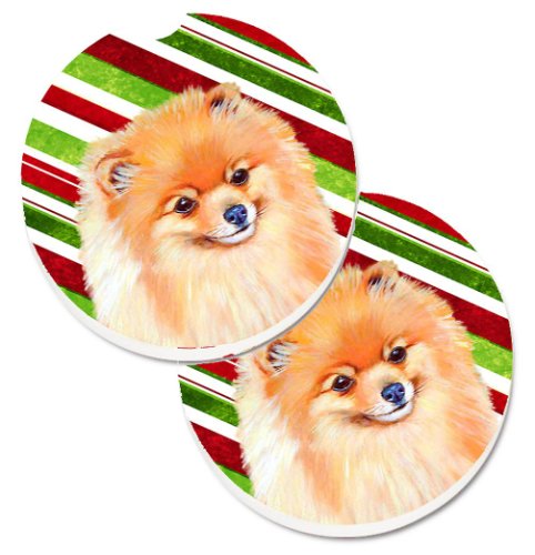 Caroline`s Treasures Pomeranian Candy Cane de vacanță de Crăciun Set de 2 Cupa Titular Car Coasters Dungi roșii verzi Large