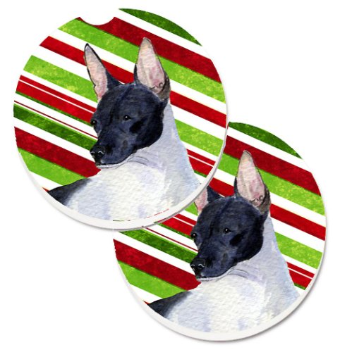 Caroline`s Treasures Rat Terrier Candy Cane de vacanță de Crăciun Set de 2 Cupa Titular Car Coasters Dungi roșii verzi Large