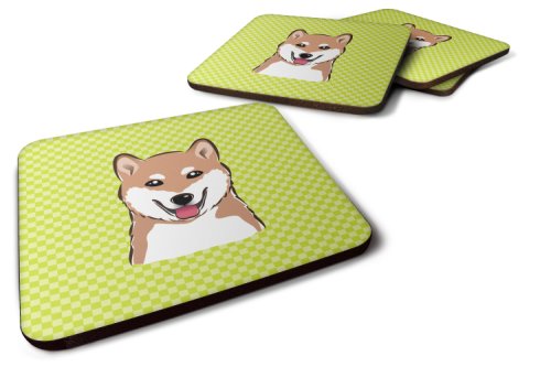Caroline`s Treasures Set de 4 Checkerboard Lime Green Shiba Inu Foam Coasters Verde 3 1/2 x 3 1/2