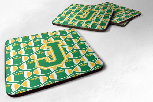 Caroline`s Treasures Set de 4 Litera J Fotbal verde și gold Foam Coasters Set de 4 3 1/2 x 3 1/2