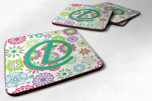 Caroline`s Treasures Set de 4 Litera T Flori roz Teal verde inițială Foam Coasters 3 1/2 x 3 1/2