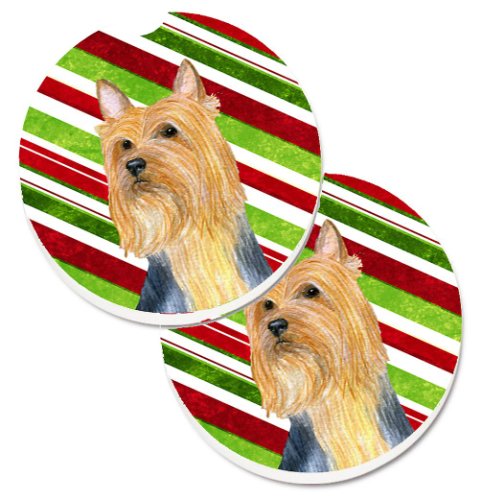 Caroline`s Treasures Silky Terrier Bomboane Trestie de zahăr de vacanță de Crăciun Set de 2 Cupa Titular Car Coasters Dungi roșii verzi Large