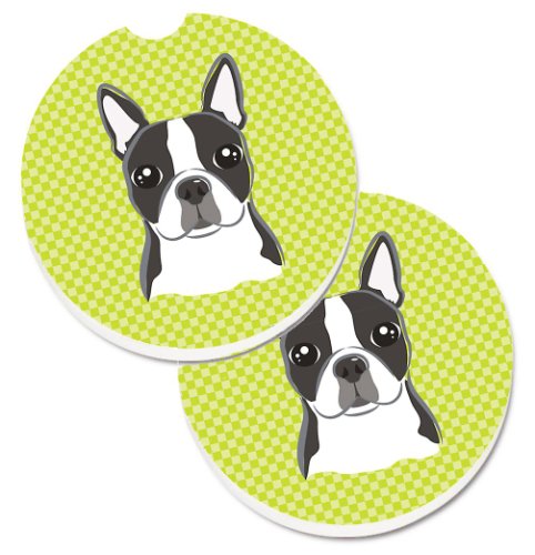 Caroline`s Treasures Tabla de carouri Lime Green Boston Terrier Set de 2 Cupa Titular Car Coasters Verde Large