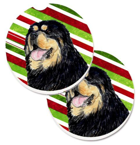 Caroline`s Treasures Tibetan Mastiff Candy Cane de vacanță de Crăciun Set de 2 Cupa Titular Car Coasters Dungi roșii verzi Large