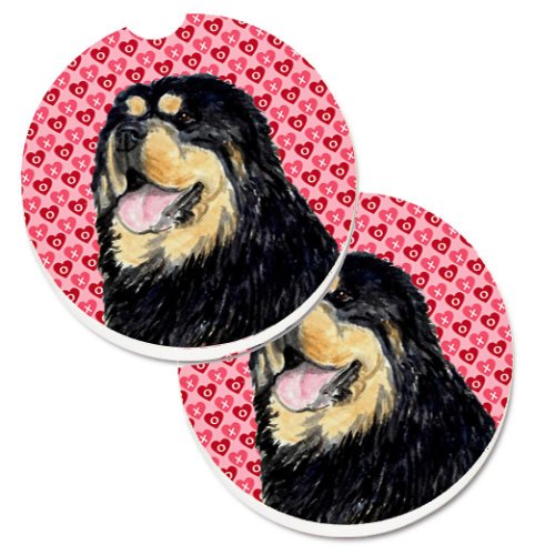 Caroline`s Treasures Tibetan Mastiff Hearts Love Valentine`s Day Set de 2 Cupa Titular Car Coasters Inimi roșii Large
